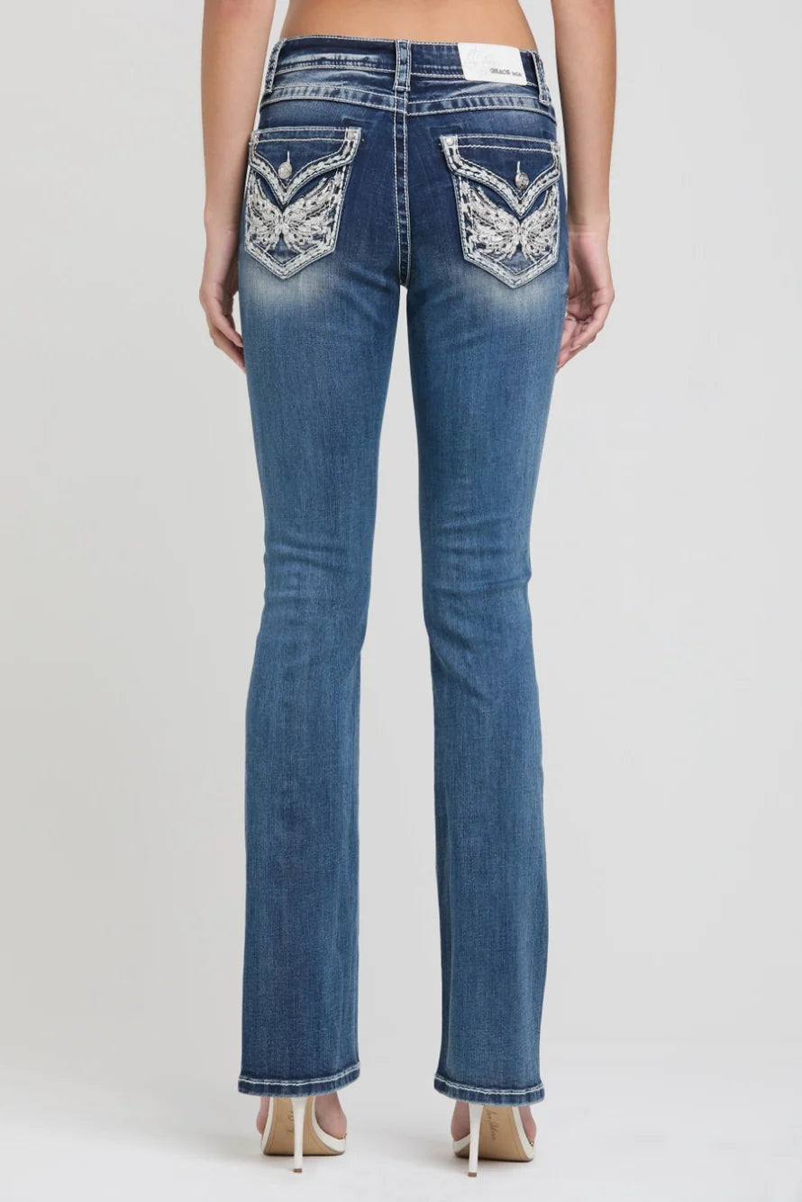 Grace In LA Wing Faux Flap Mid-Rise Boot Cut Jeans 32"