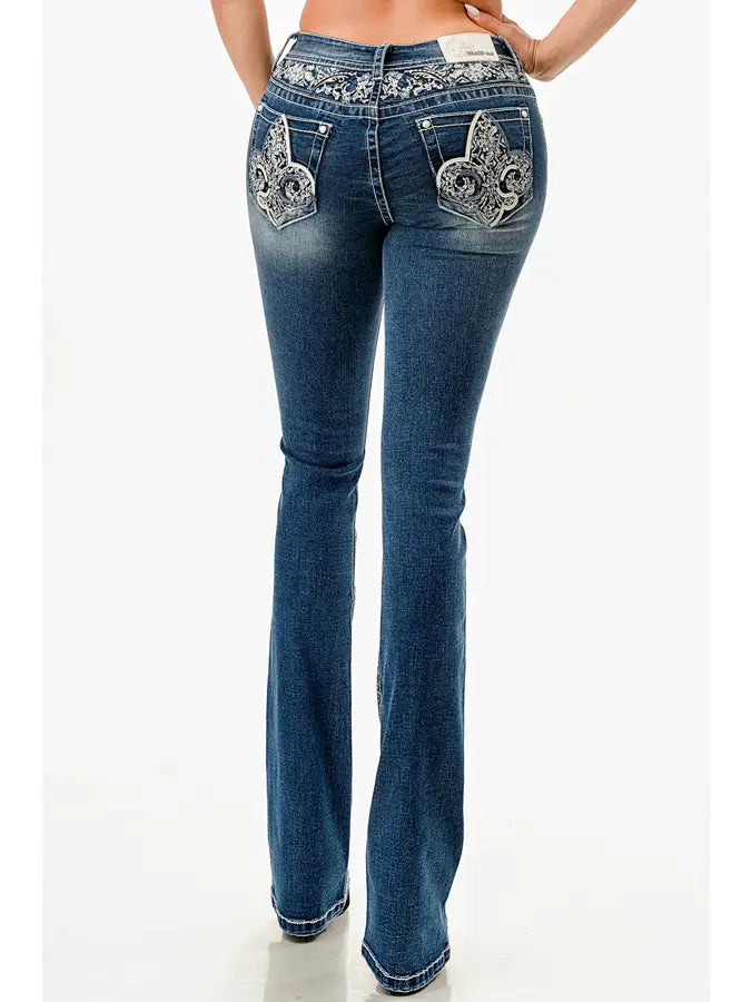 Grace In LA Fleur-De-Lys Mid-Rise Boot Cut Jeans 30"
