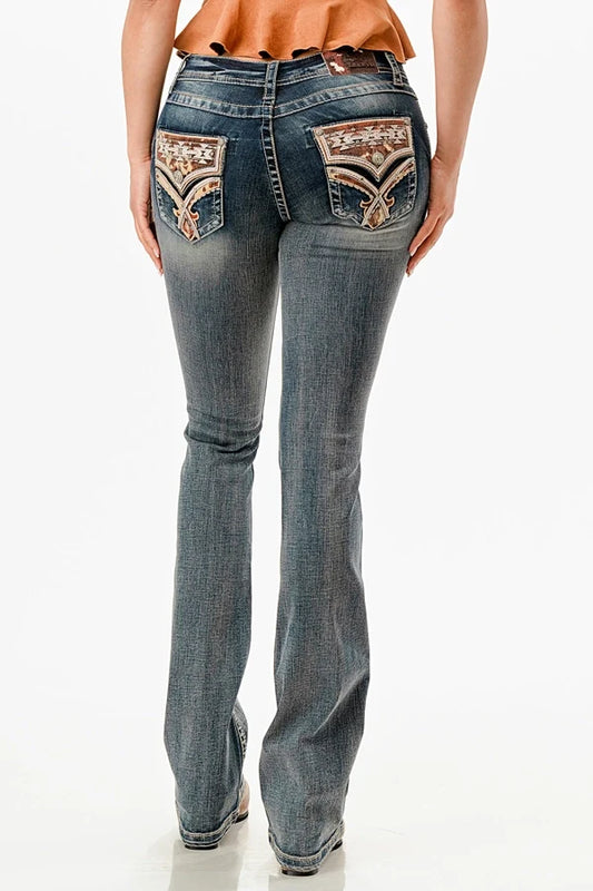 Grace In LA Horse Hide Faux Pocket Mid-Rise Boot Cut 32"