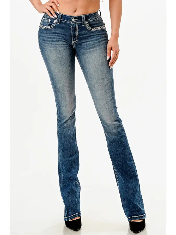 Grace In LA Fleur-De-Lys Mid-Rise Boot Cut Jeans 30"