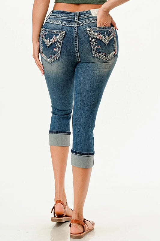 Grace in LA Border Embroidered Mid-Rise Capri Jeans