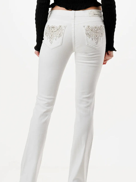 Grace In LA Aztec Mid-Rise White Bootcut Jeans 32"