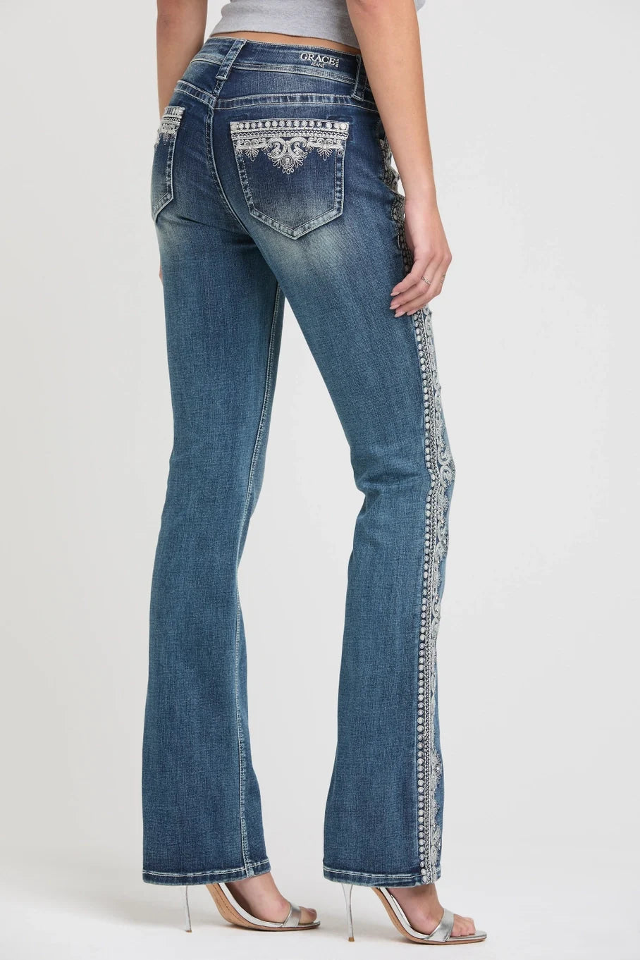 Grace in LA Side Embroidery Mid Rise Boot Cut Jeans 30"